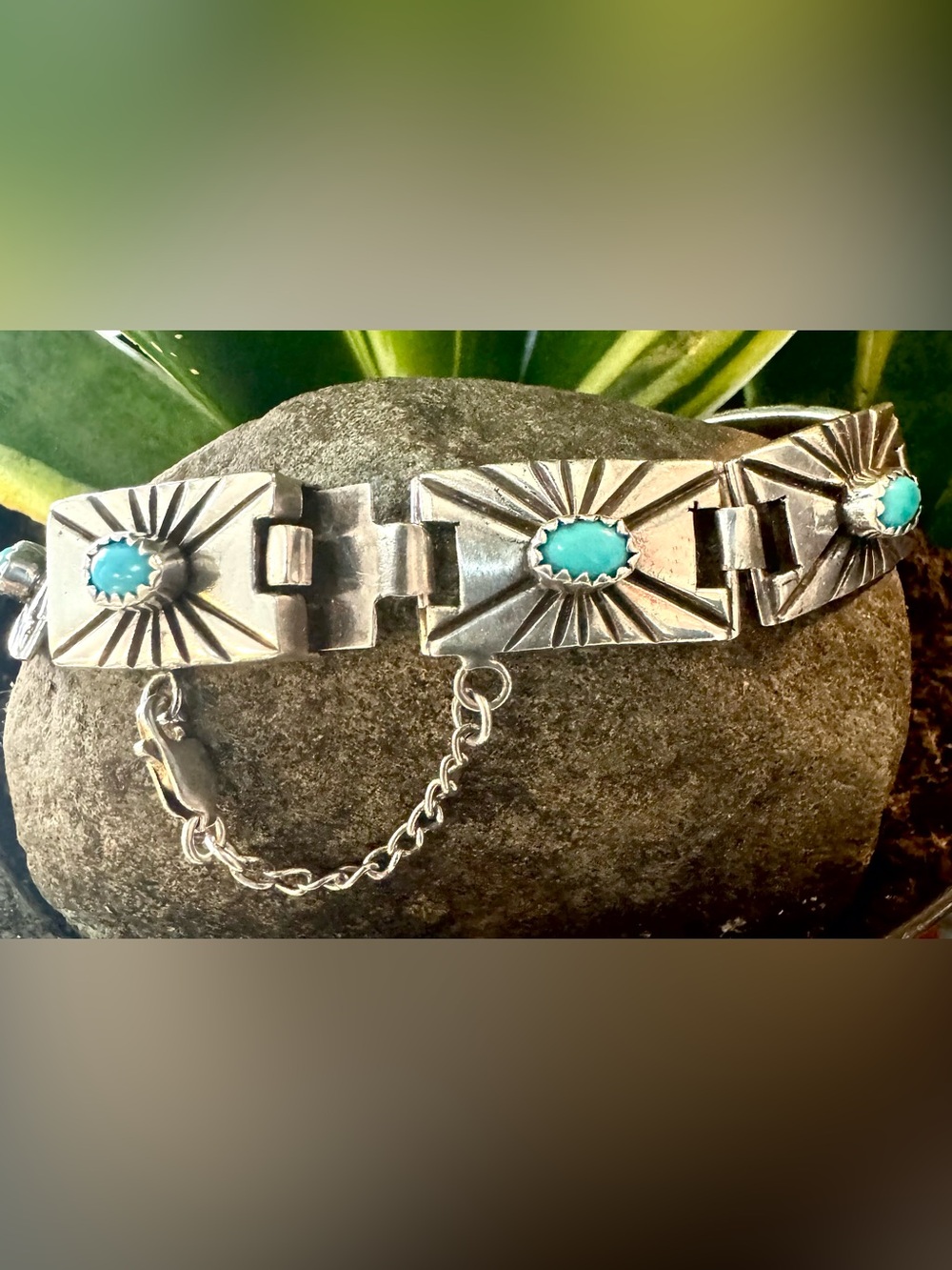 Sterling Navajo Turquoise panel link Bracelet